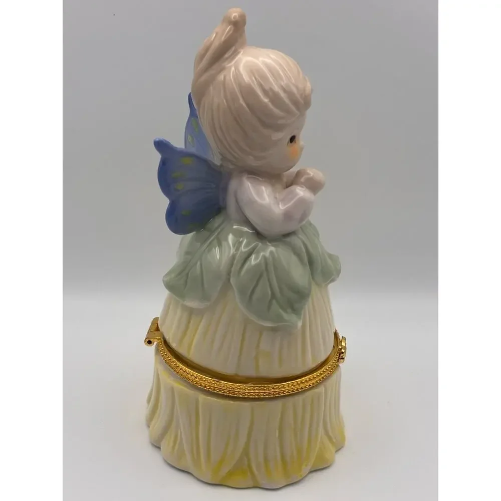 Vintage Porcelain Pixie or Fairy Hinged Trinket Box in Petal-Shaped Dress